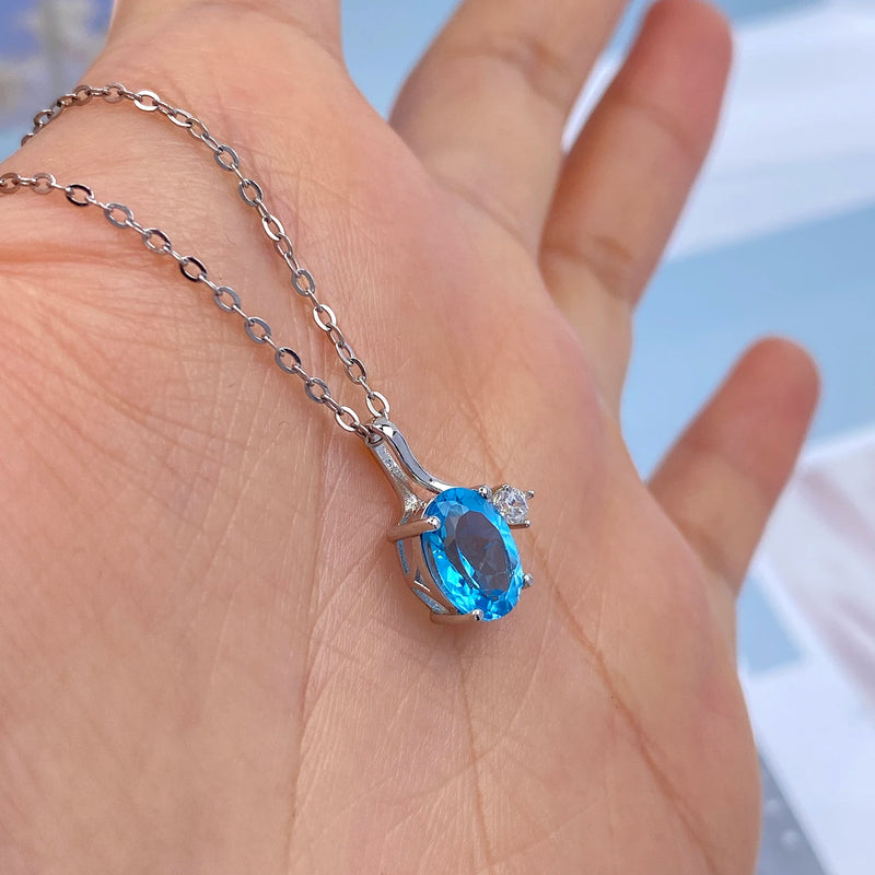 Sterling Silver 925 Natural Oval Blue Topaz Pendant Necklace for Women