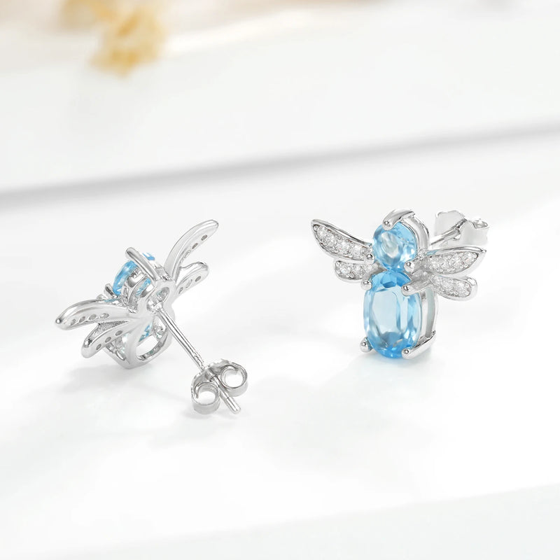 Sterling Silver Bee Stud Earrings with Blue Topaz for Women