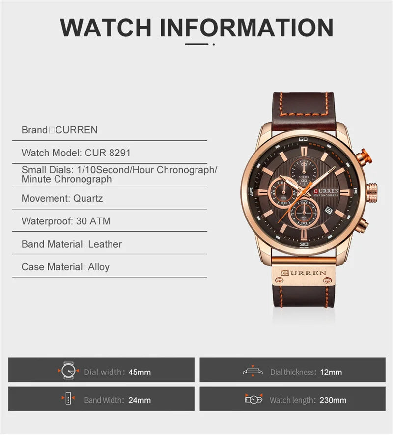 Stainless Steel Brown Leather Chronograph Watch for Men