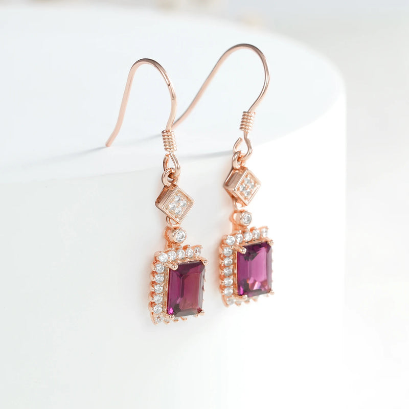 Sterling Silver Natural Purple Garnet Dangle Earrings for Women