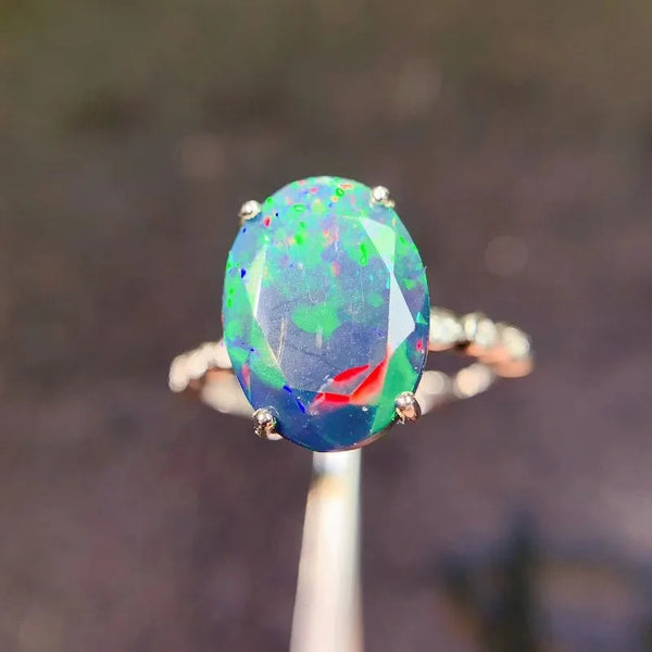 Sterling Silver Natural Black Opal Large Gemstone Ring for Men and Women