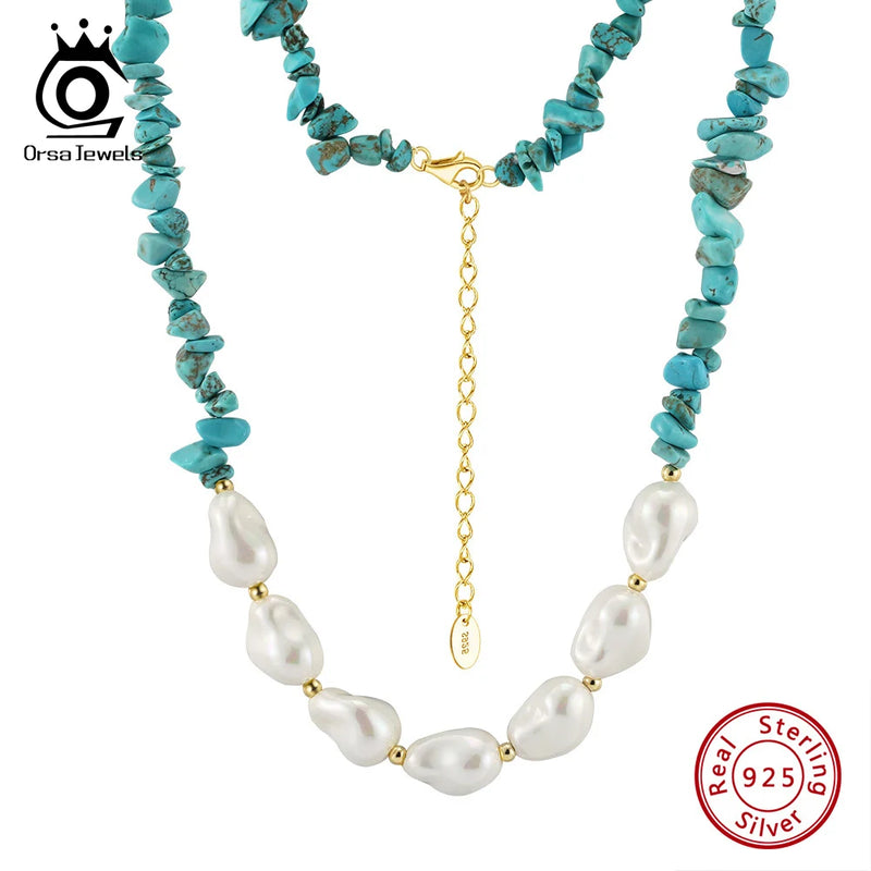 925 Silver Turquoise Baroque Shell Pearl Necklace for Women