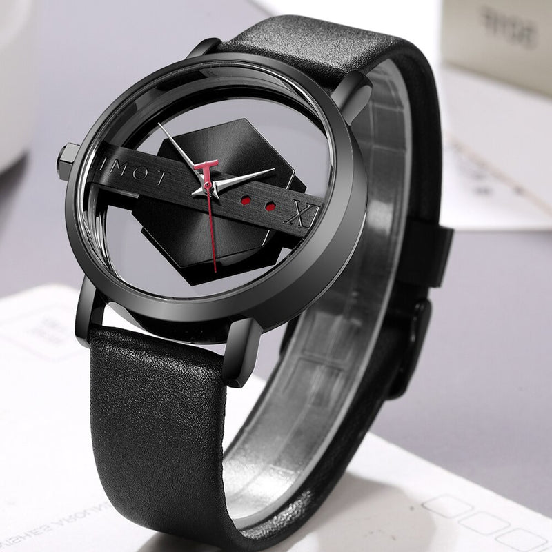 Stainless Steel Leather Half Transparent Unisex Watch