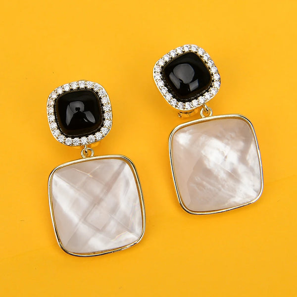 Sterling Silver White Shell Pearl Onyx CZ Square Stud Drop Earrings for Women