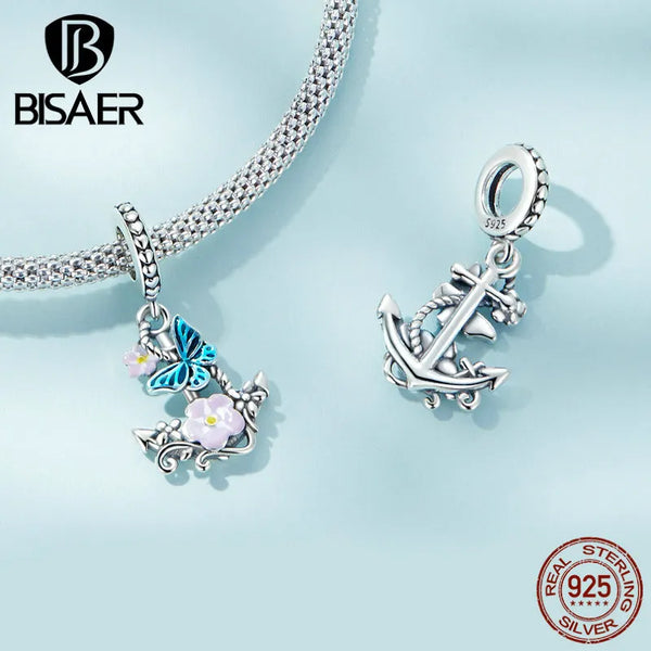 Sterling Silver Flower Anchor Charm Bead with Blue Heart Pendant for Women