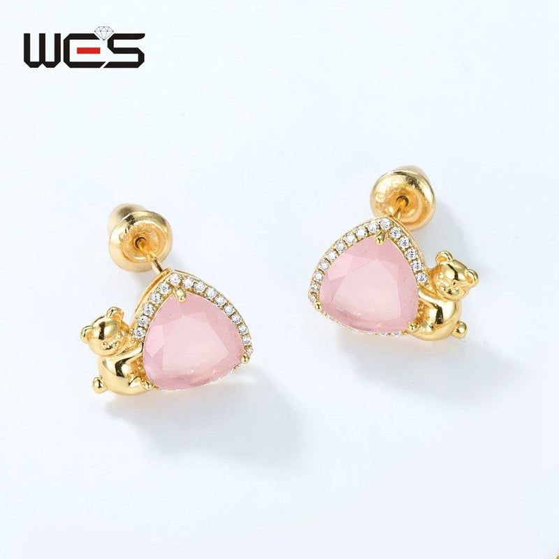 925 Sterling Silver Rose Quartz Cartoon Bear Stud Earrings for Women