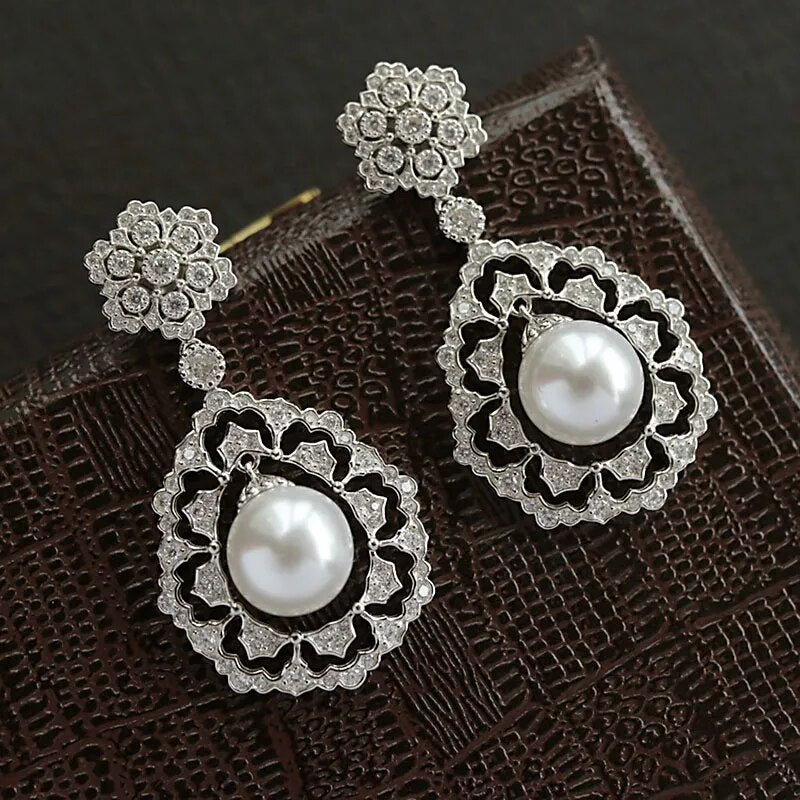 Sterling Silver Zircon Shell Pearl Earrings for Women