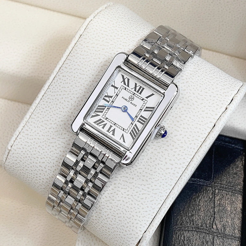 Luxury Square Stainless Steel Watch with Blue Hands & Thin Dial for Women