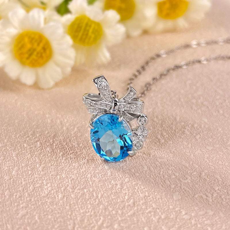 Sterling Silver Swiss Blue Topaz Pendant Necklace for Women