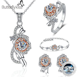 Rose Gold Plated Sterling Silver Moissanite Flower Necklace Earrings Bracelet Set for Women