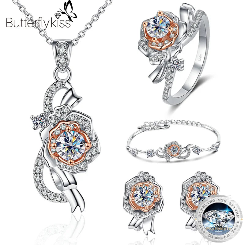 Rose Gold Plated Sterling Silver Moissanite Flower Necklace Earrings Bracelet Set for Women