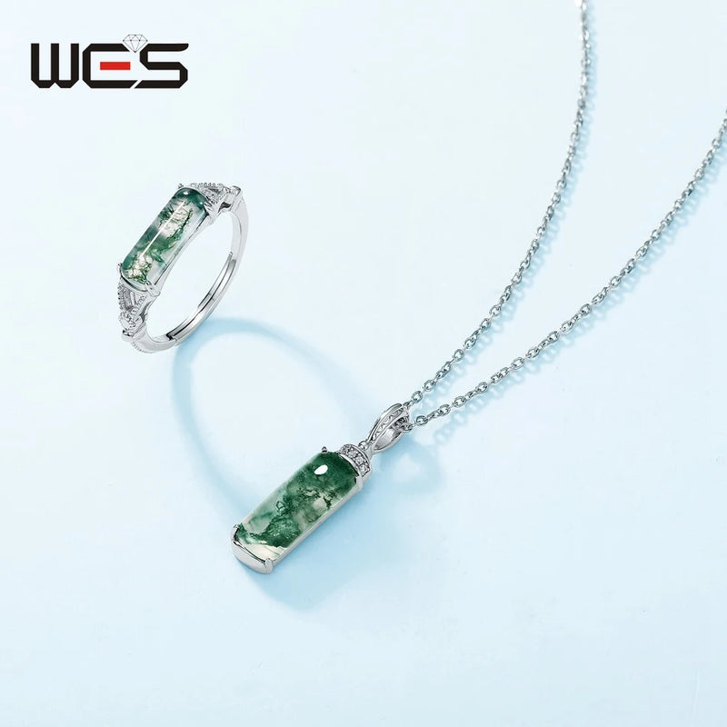 925 Sterling Silver Moss Agate Pendant Necklace for Woman