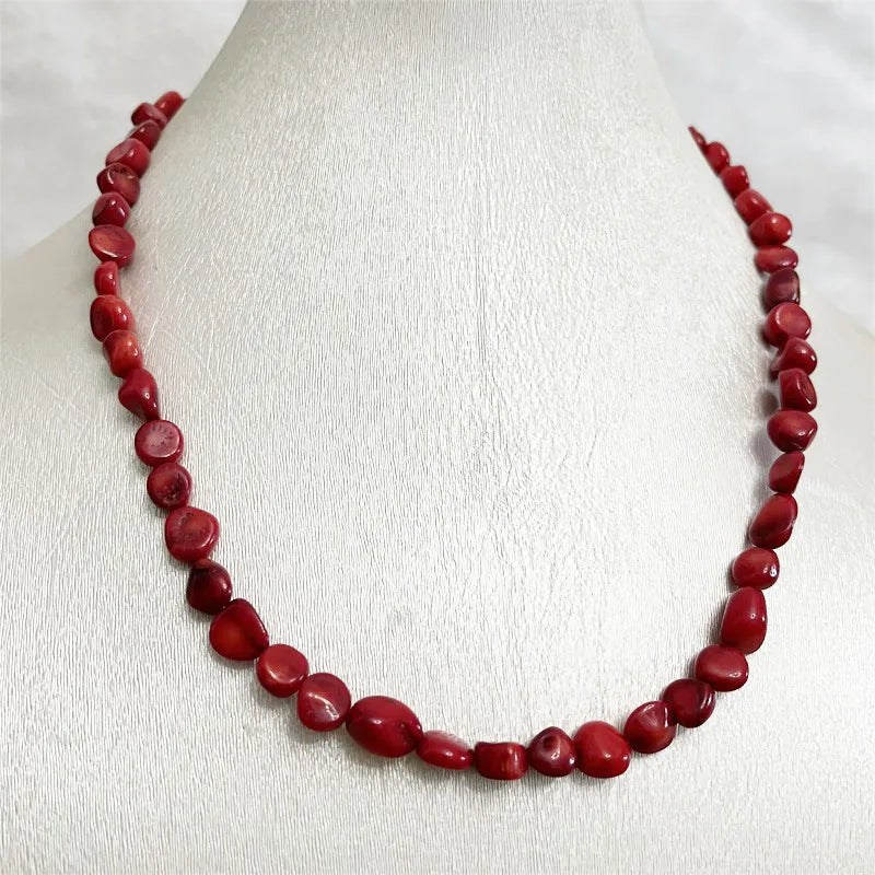 Sterling Silver Irregular Nugget Red Coral Necklace, Genuine Natural Stone, 1.5-2 ctw for Women