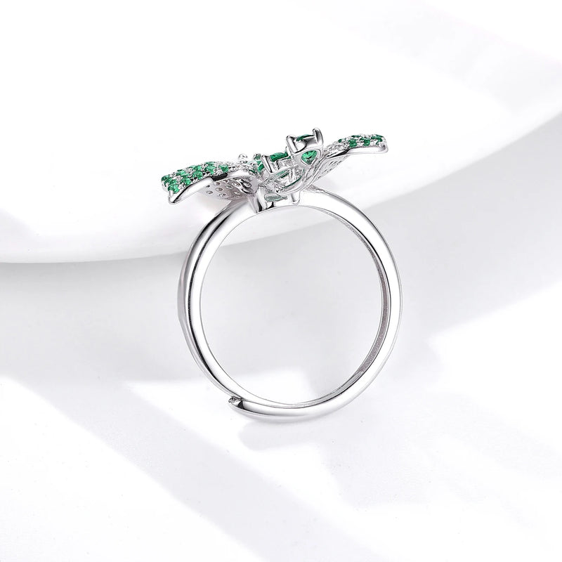 925 Sterling Silver Adjustable Emerald Butterfly Ring for Women