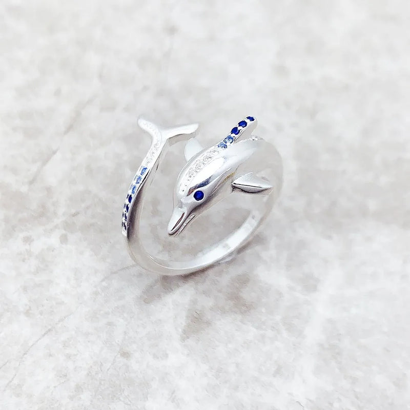 925 Sterling Silver Ring Dolphin with Blue Stones for Women