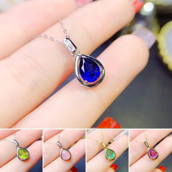 S925 Sterling Silver Sapphire/Amethyst/Emerald/Garnet Pendant Necklace for Women