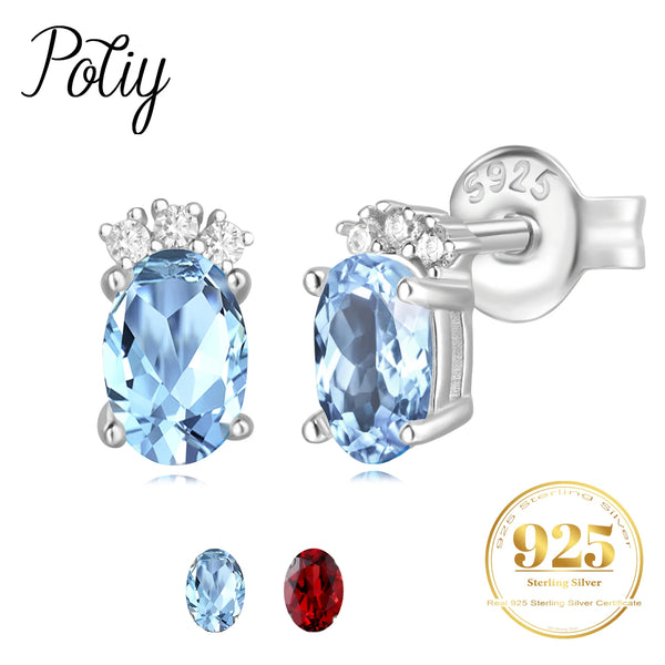 925 Sterling Silver Sky Blue Topaz & Garnet Oval Stud Earrings for Women