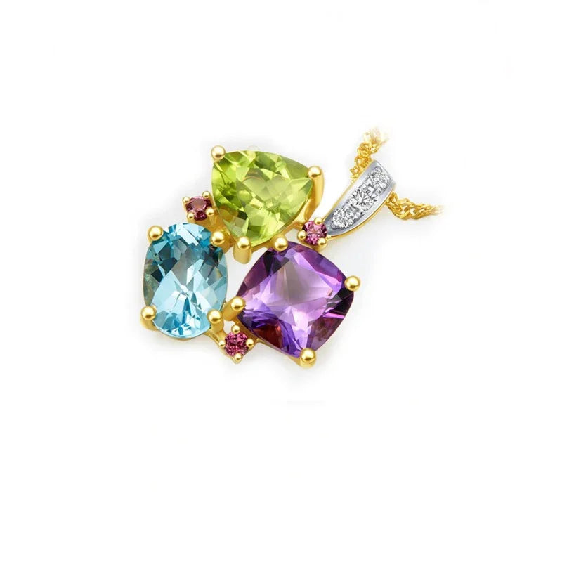 14k/18k/10k Yellow Gold Sky Blue Topaz Amethyst Peridot Tourmaline Diamonds Pendant for Women