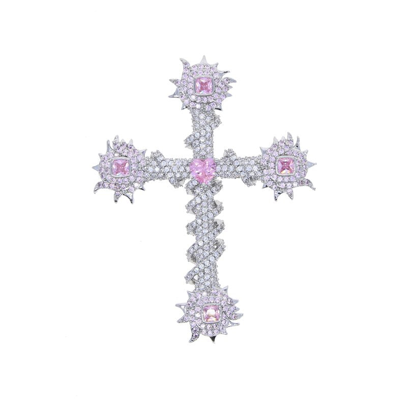 Stainless Steel Cubic Zirconia Paved Hip Hop Cross Pendant Necklace with Pink Heart CZ Stone for Unisex