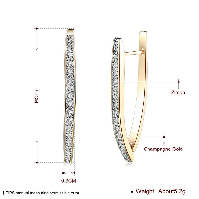 Gold-Plated Leaf Shape Clip Earrings with 5A Zircon, 3.7cmX0.7cm for Women