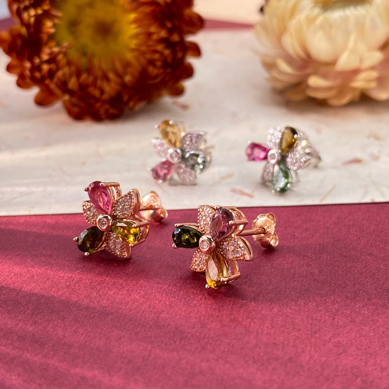 925 Sterling Silver Flower Windmill Stud Earrings with Tourmaline & Cubic Zircon for Women