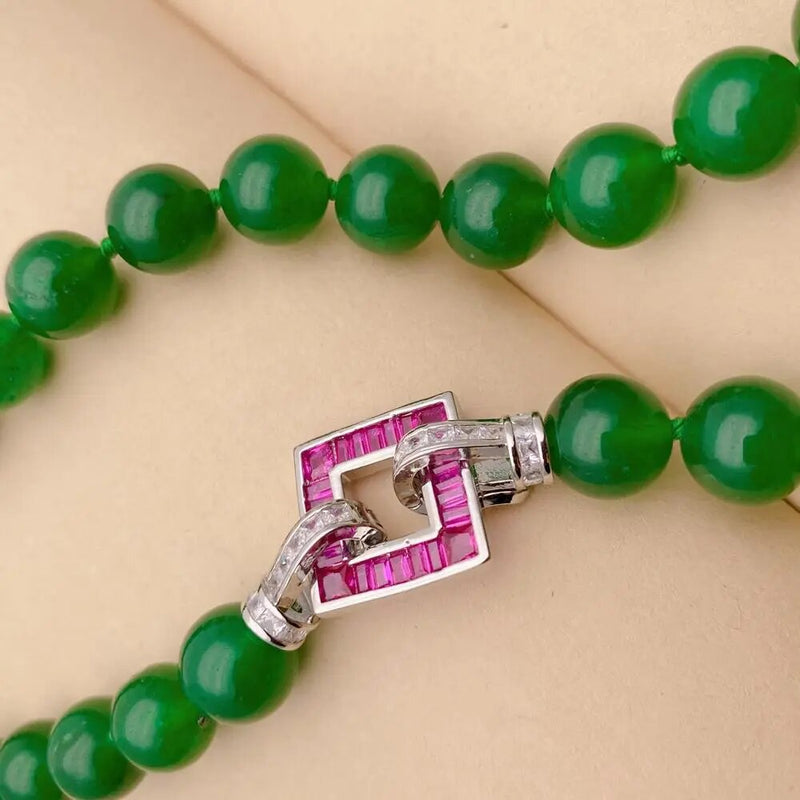 Sterling Silver Green Jade Necklace with Fuchsia CZ Pave Clasp for Women