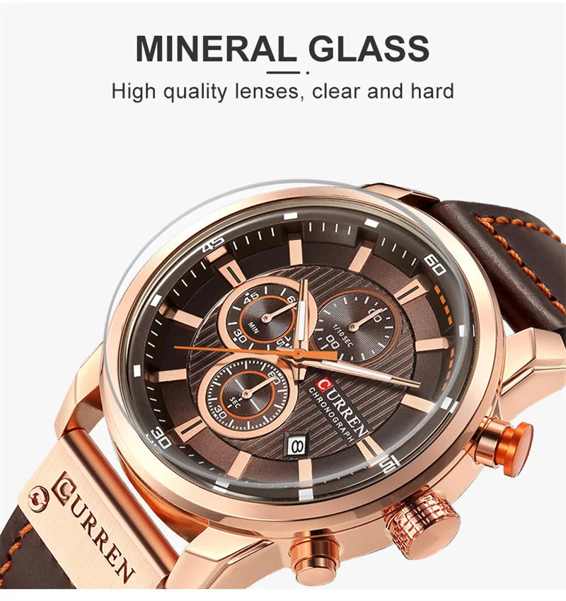 Stainless Steel Brown Leather Chronograph Watch for Men