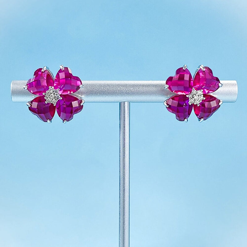 Sterling Silver Flower Ruby and Diamond Earrings for Women