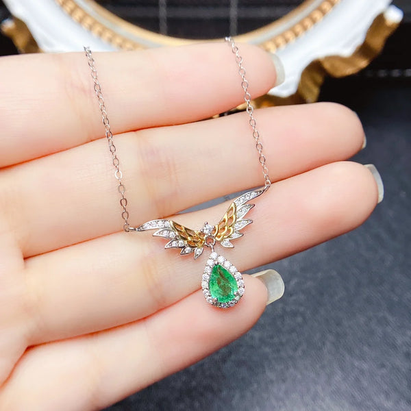 Sterling Silver Emerald Wing Pendant Necklace for Women