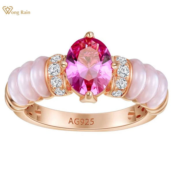 Wong Rain Elegant 18K Gold Plated 925 Sterling Silver Oval Lab Sapphire High Carbon Diamond Gems Wedding Ring Jewelry for Women