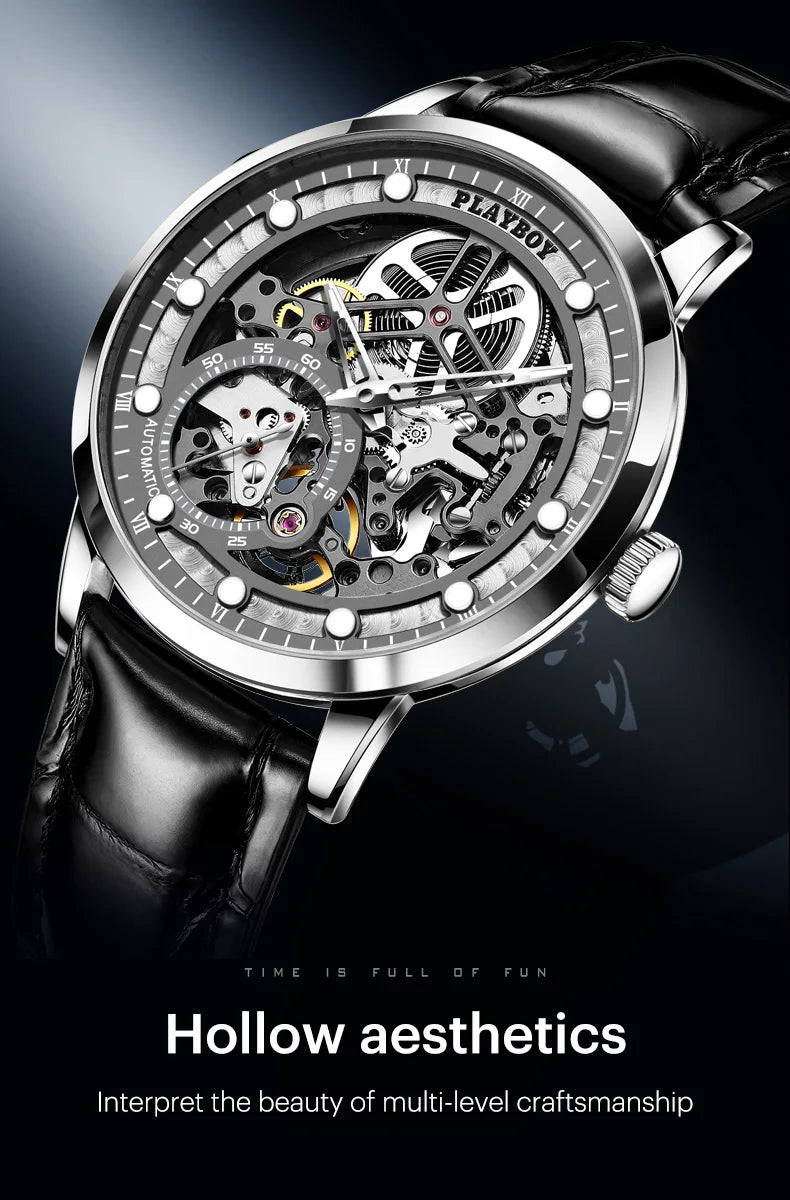 Stainless Steel Leather Strap Skeleton Automatic Mechanical Watch for Men