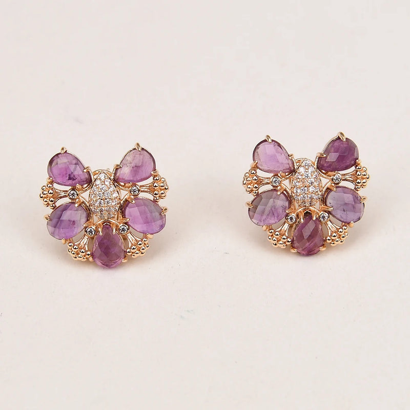 Gold Plated Amethyst Quartz Facetted Zircon Stud Earrings for Women