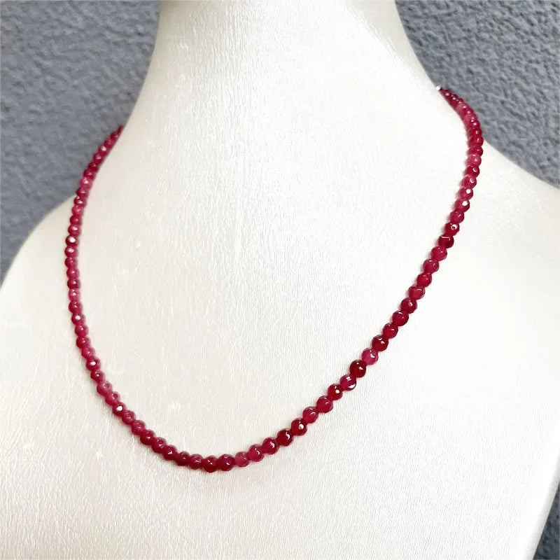 Sterling Silver Red Ruby Jade Faceted Round Chain Choker for Women