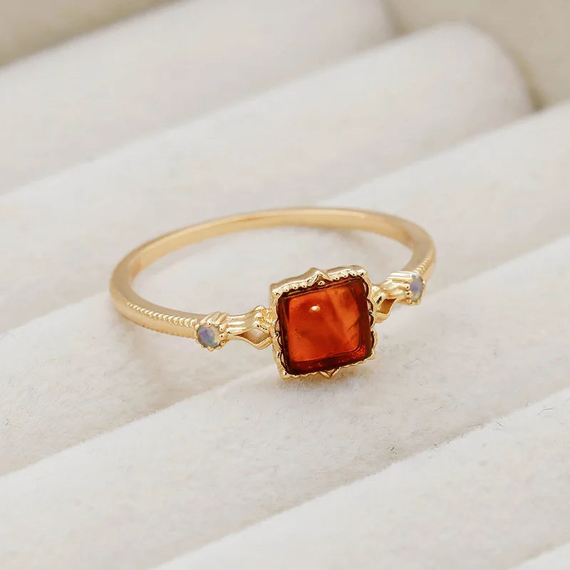 925 Sterling Silver Gold Vermeil Synthetic Amber Square Ring for Women