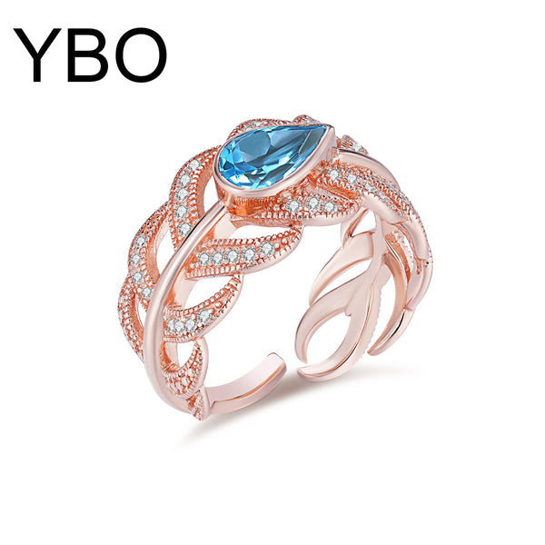 Rose Gold Plated Sterling Silver Swiss Blue Topaz Leaf Opening Ring for Women