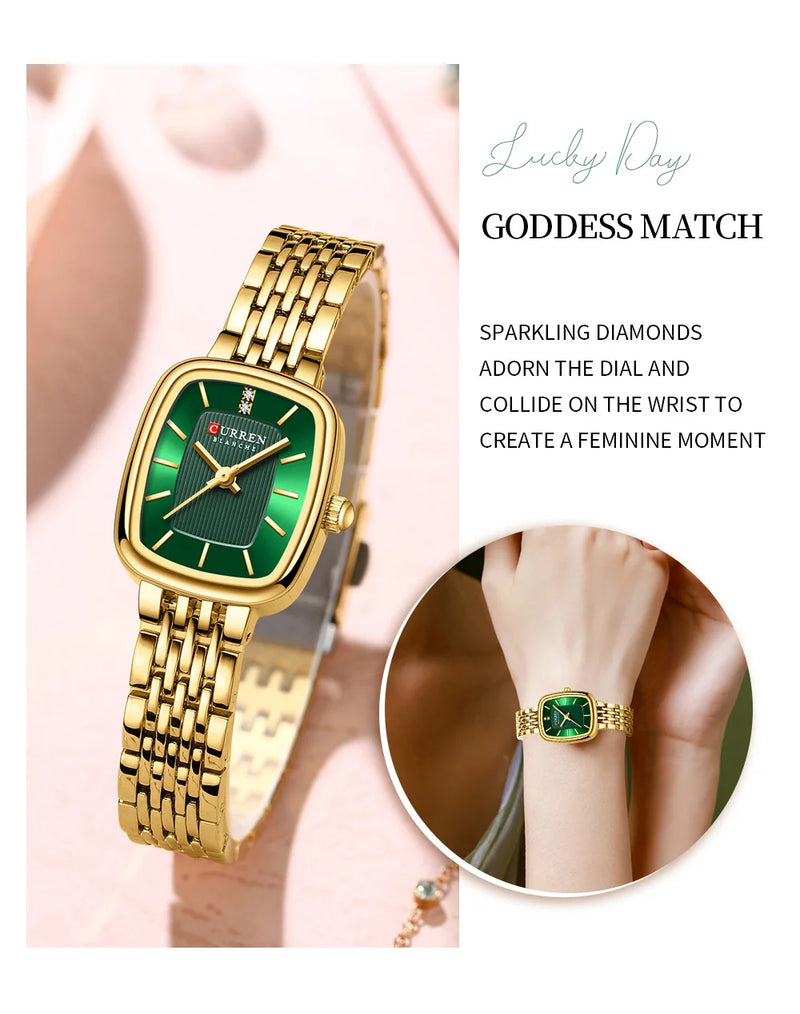 Gold Rectangular Dial Quartz Watch Bracelet for Lady