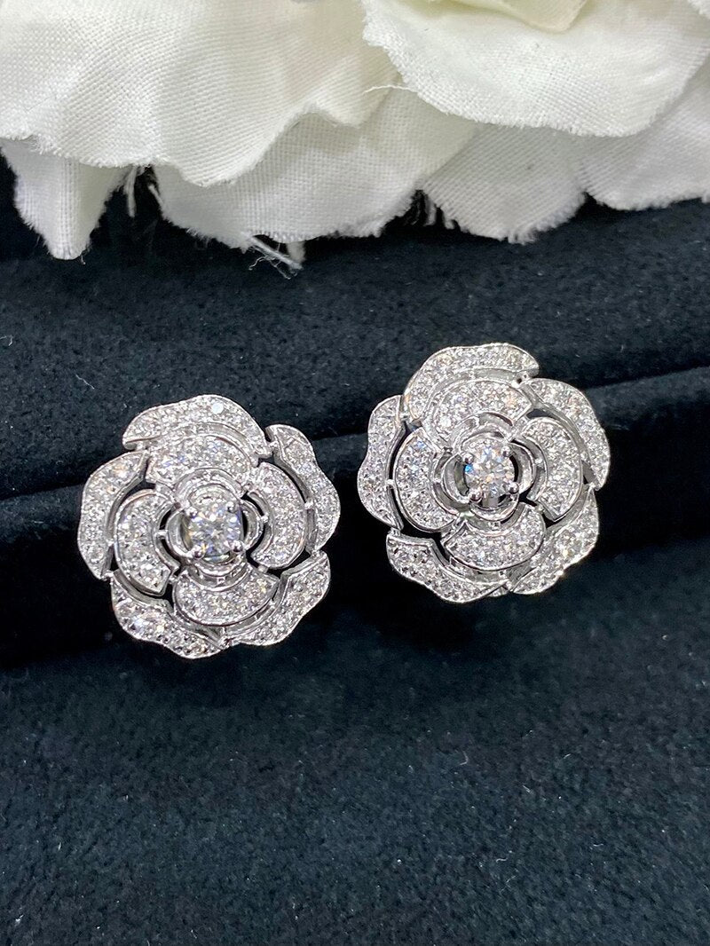 18K White Gold Diamond Stud Earrings, Camellia Flower Shape for Women