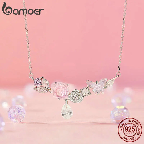 925 Sterling Silver Butterfly Flower Necklace for Women