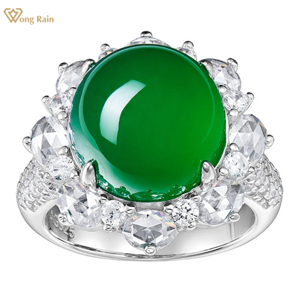 Wong Rain Elegant 925 Sterling Silver Round Green Jade High Carbon Diamond Gemstone Ring for Women Fine Jewelry Anniversary Gift