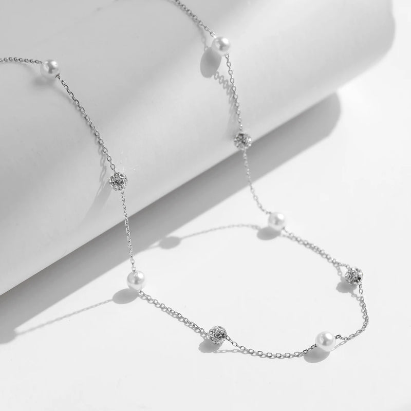 Sterling Silver Zircon & Pearl Chain Necklace for Women