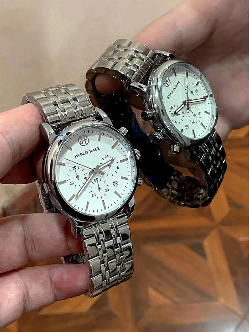 Stainless Steel Chronograph Luxury Wristwatch with Calendar and Quartz Movement for Men