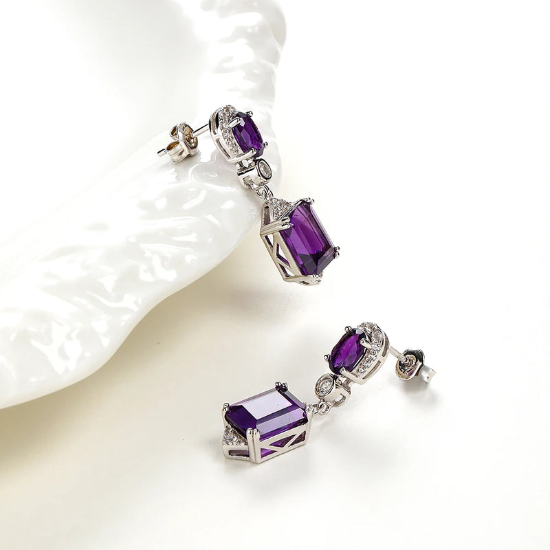 925 Sterling Silver Amethyst Drop Earrings for Women