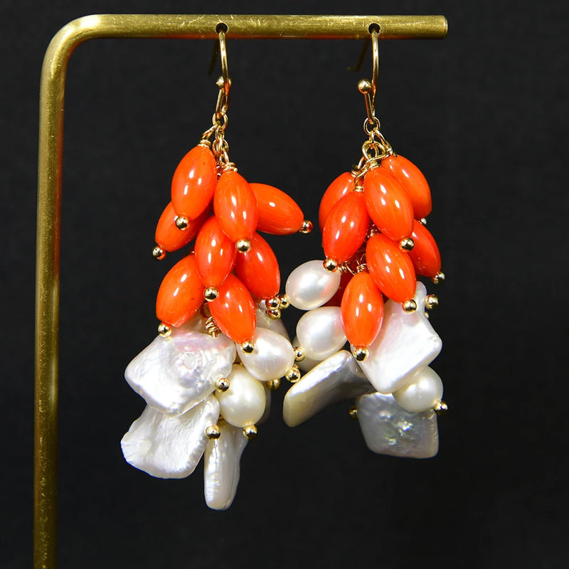 Sterling Silver Natural White Cultured Keshi Pearl and Orange Rice Coral Hook Earrings For Women