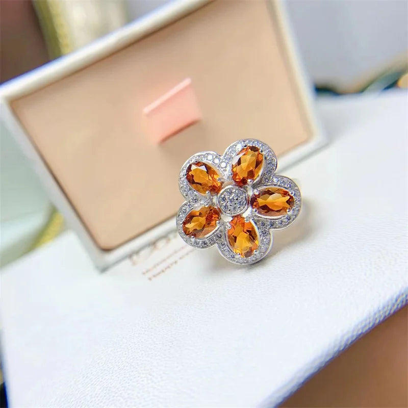 925 Sterling Silver Natural Citrine Flower Ring for Women