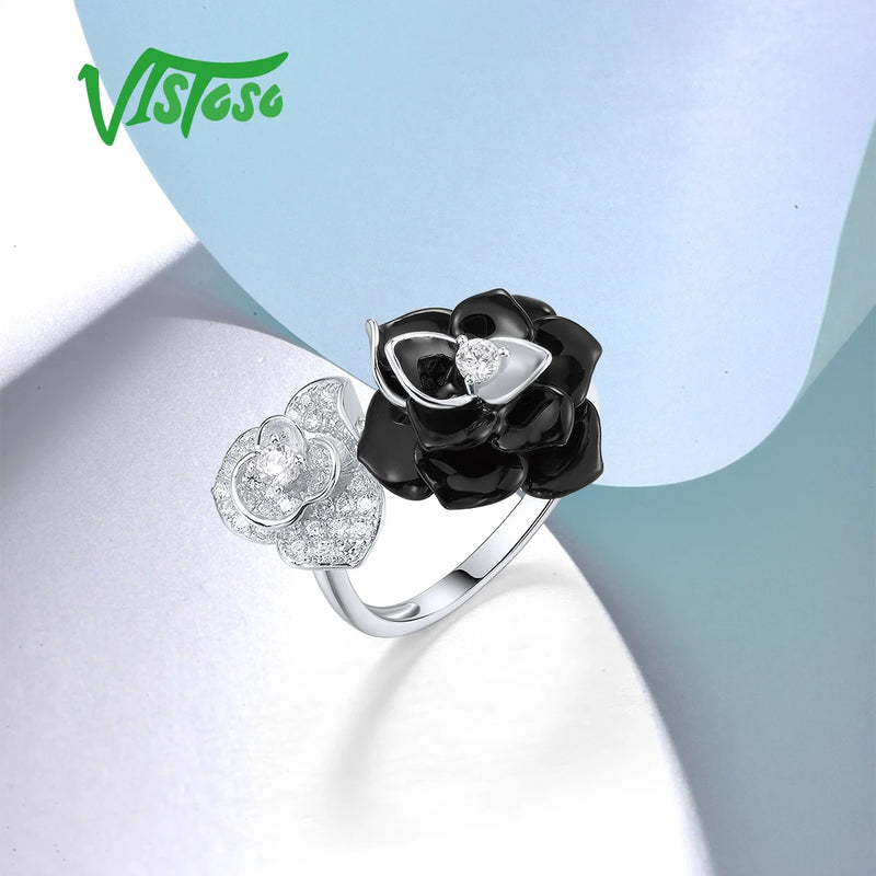 Sterling Silver White CZ White & Black Flower Antique Enamel Open Ring for Women