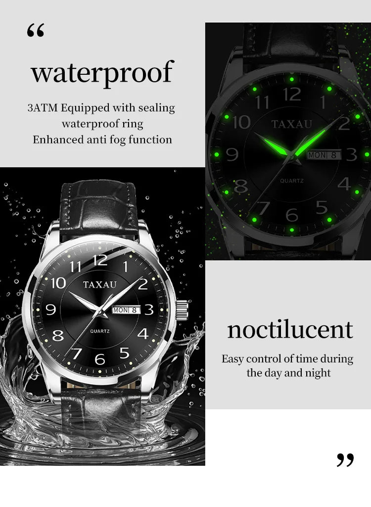 Stainless Steel Leather Casual Waterproof Luminous Watch for Men