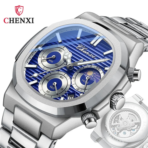 Stainless Steel Quartz Moon Phase Chronograph Watch for Men