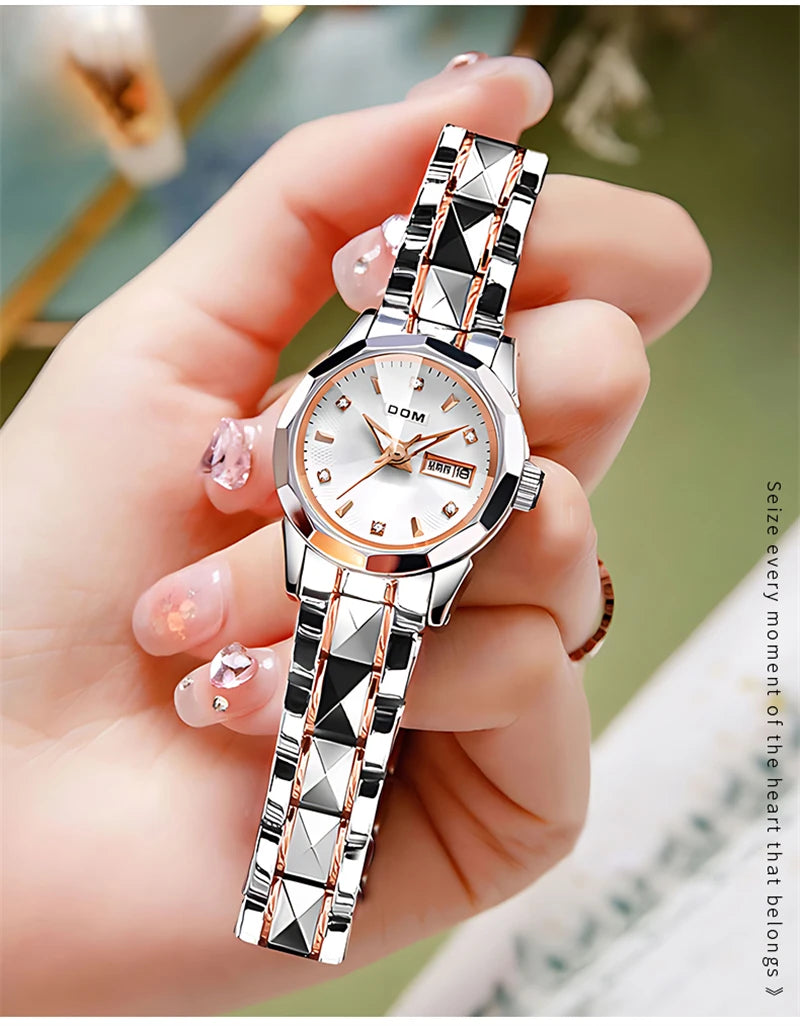 Stainless Steel Mini Luminous Quartz Watch with Date and Week for Women