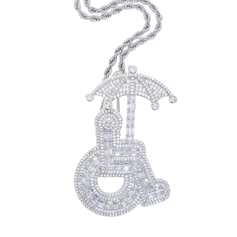 Sterling Silver Iced Out Wheelchair Handicap Sign Pendant with Cubic Zircon, Protective Umbrella Charm for Men & Women