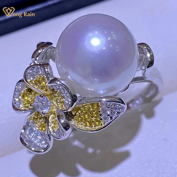 Wong Rain Romantic 925 Sterling Silver 11-12 MM Natural Pearl Gemstone Flower Engagement Adjustable Ring Customized Fine Jewelry